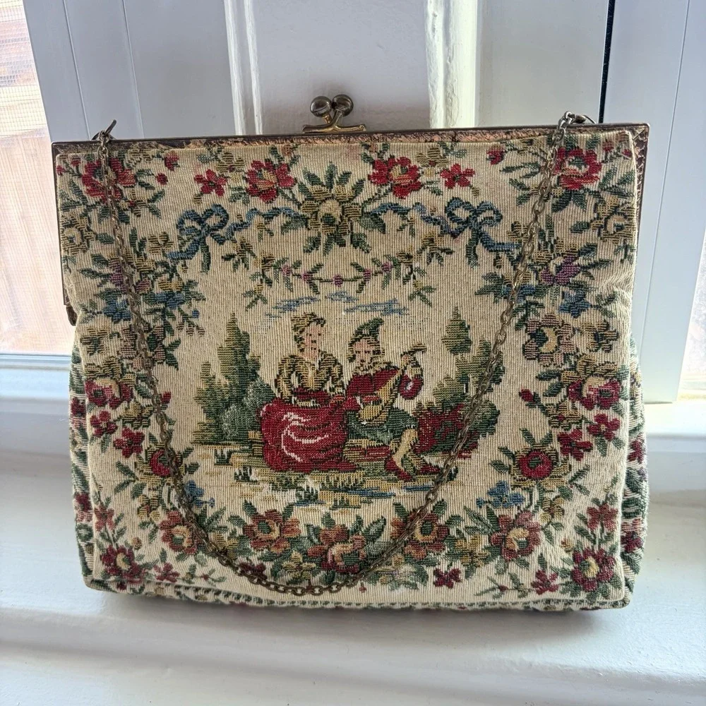 Vintage Walborg De Pinna French Tapestry Kiss Lock‎ Clutch Purse Made in France